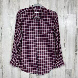 Equipment Femme Reese silk plaid button up blouse business casual red black M